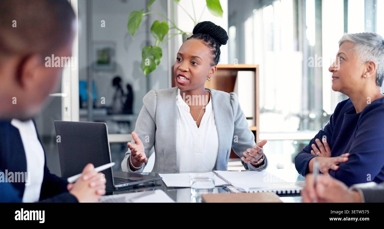 Laptop, woman or meeting with documents in office for finance pitch, project funding or request. Financial stakeholders, tech or team discussion for Stock Photo