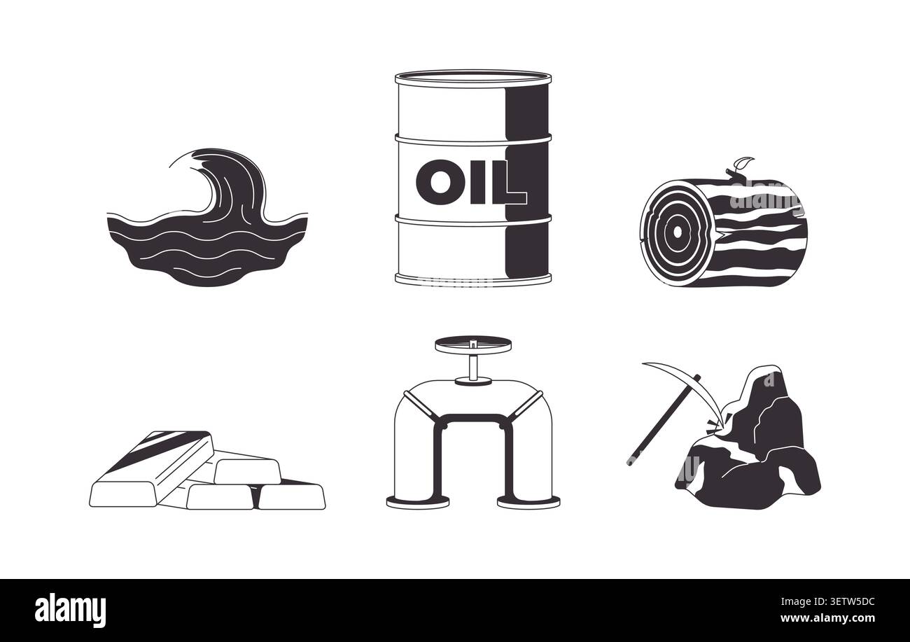 Natural resources and extraction industry 2D line objects set Stock Vector