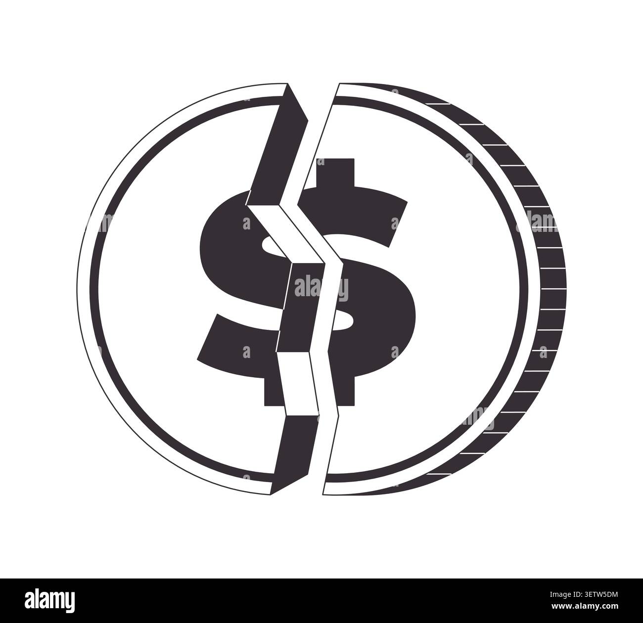Cracked dollar coin 2D line object Stock Vector