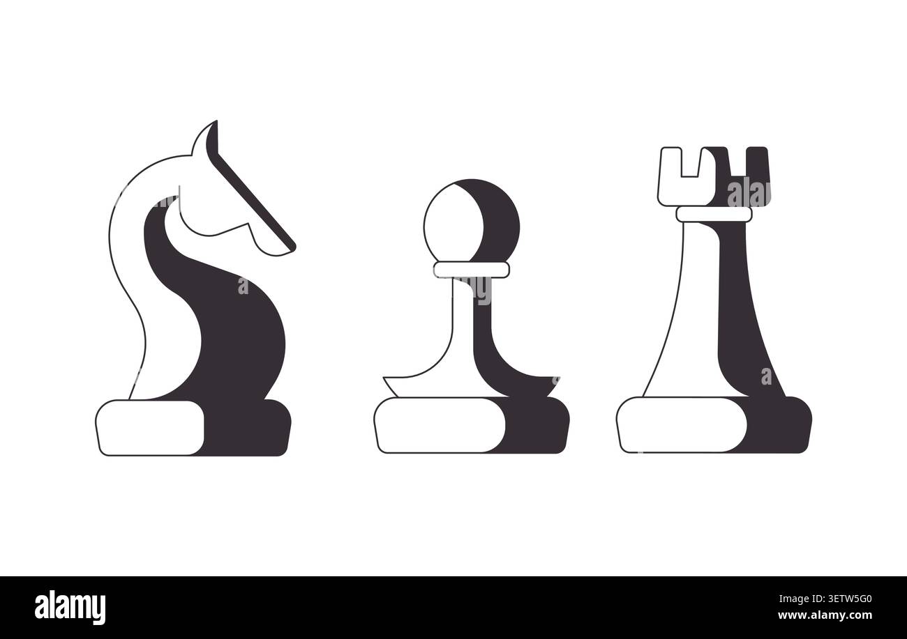 Knight pawn and rook chess pieces 2D line objects set Stock Vector