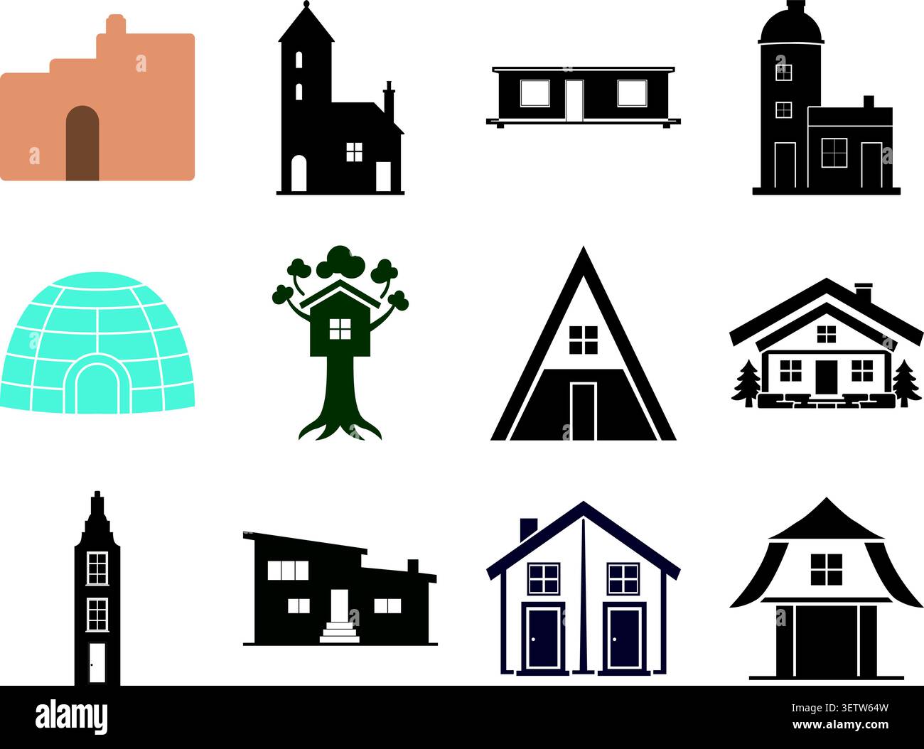 A flat illustration set featuring various house and building types. Stock Vector