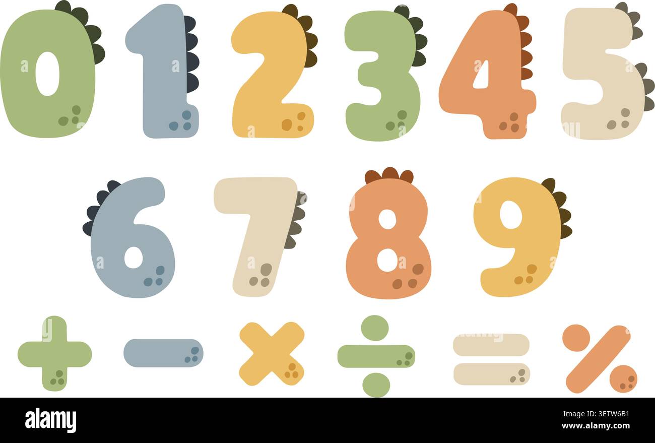 Cute Dinosaur Numbers and Math Symbols Set Stock Vector