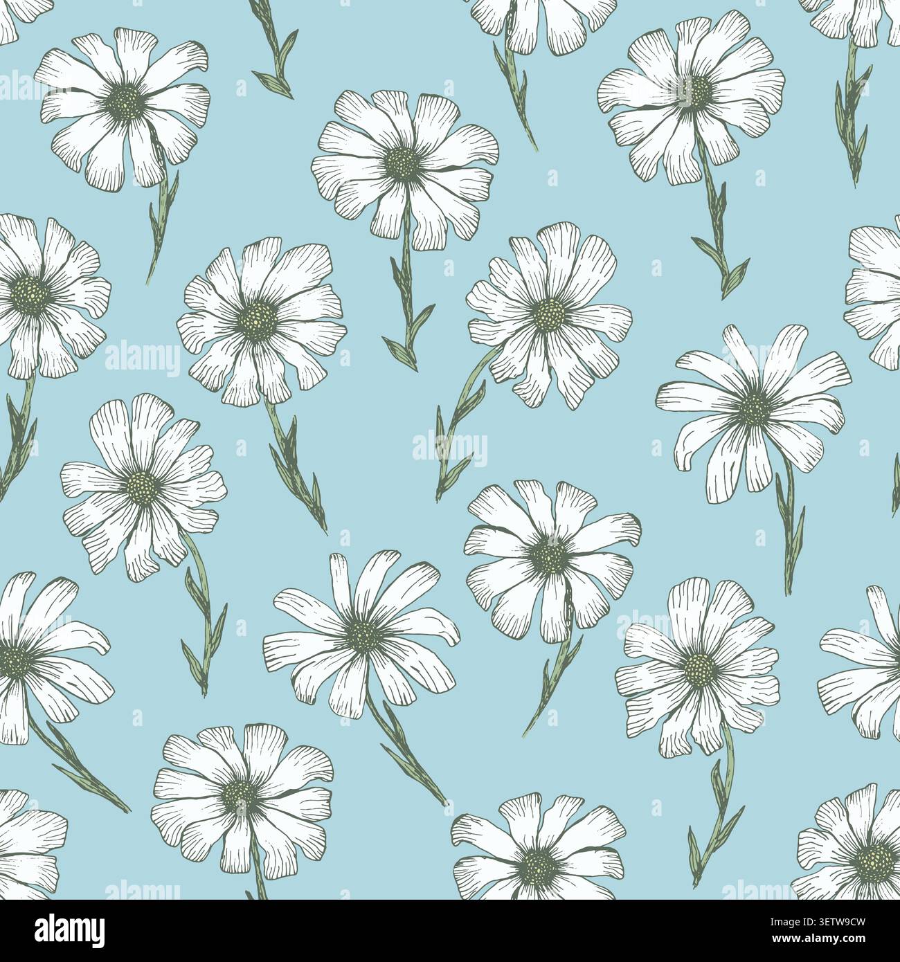 Tender blue pattern with white chamomile flowers Stock Vector