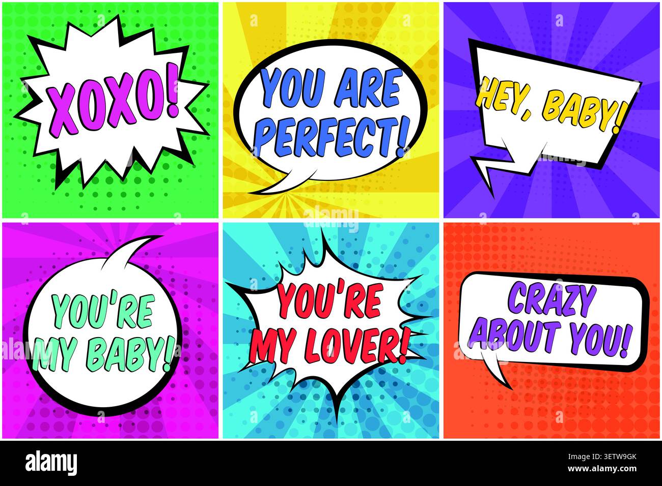 Cute St. Valentines retro comic speech bubbles set Stock Vector