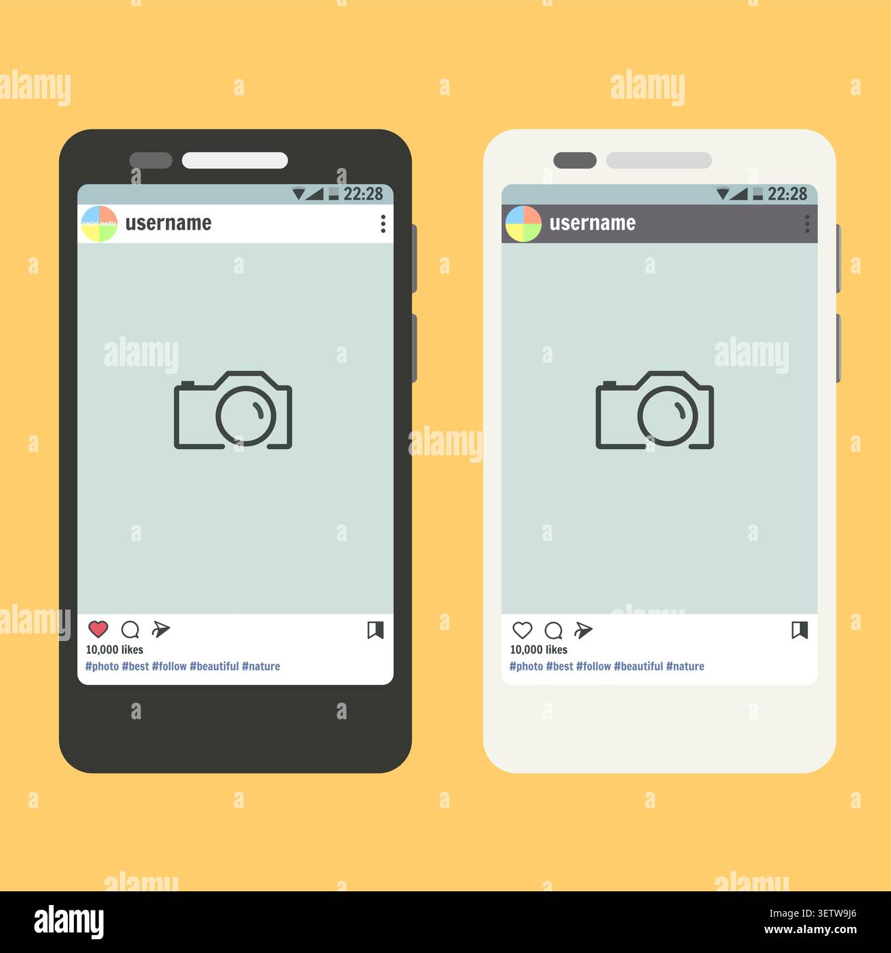 Flat vector smartphone with open social network app with post place for photo, phone mockup template Stock Vector