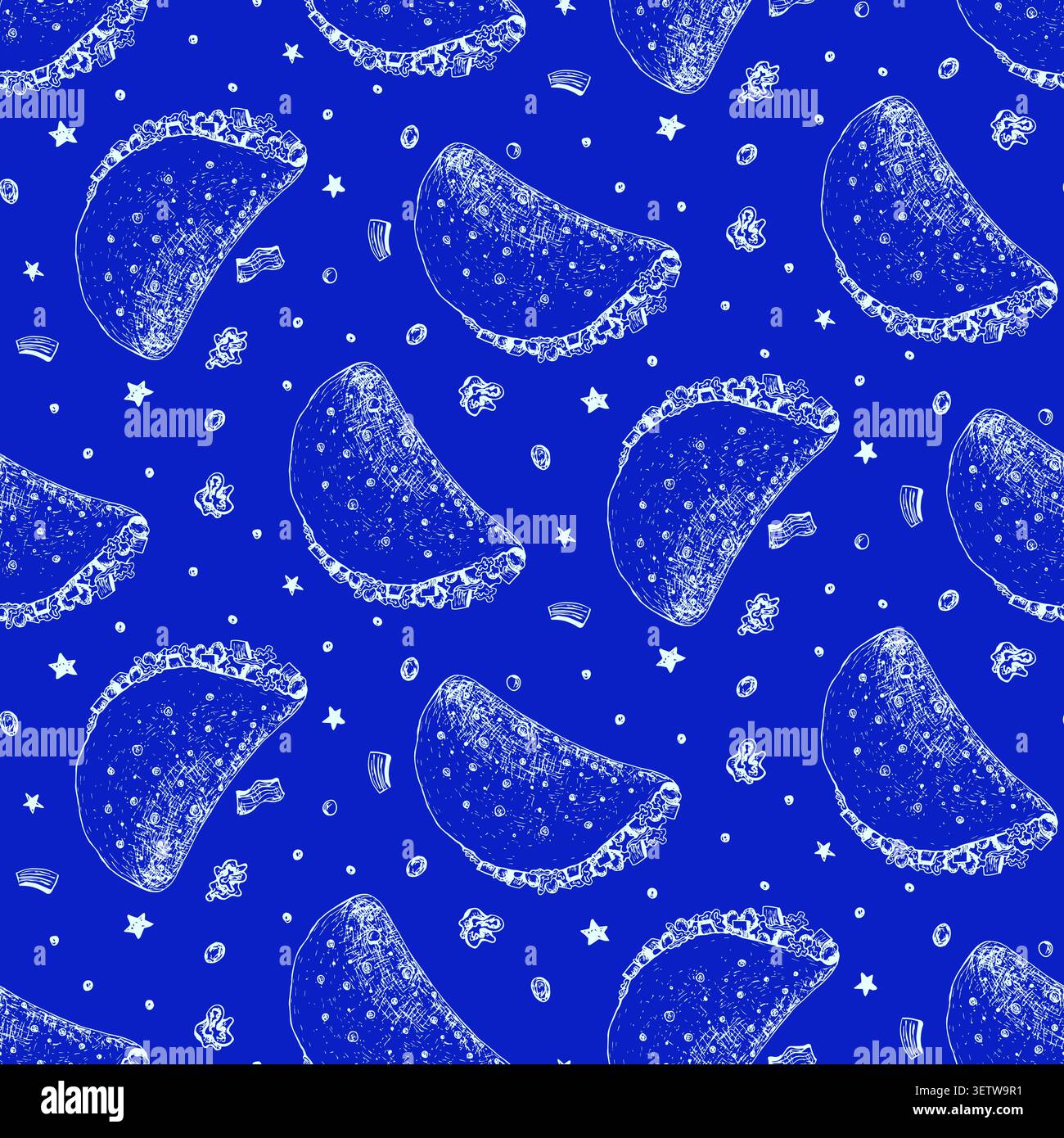 Blue pattern with outline cute sketch mexican taco Stock Vector