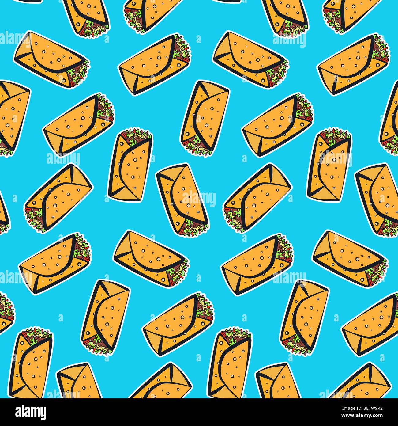 Color pattern with cute cartoon mexican burrito Stock Vector