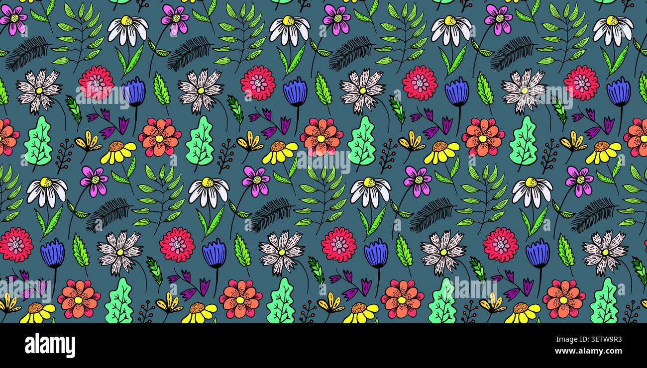 Dark doodle floral pattern with colorful flowers Stock Vector