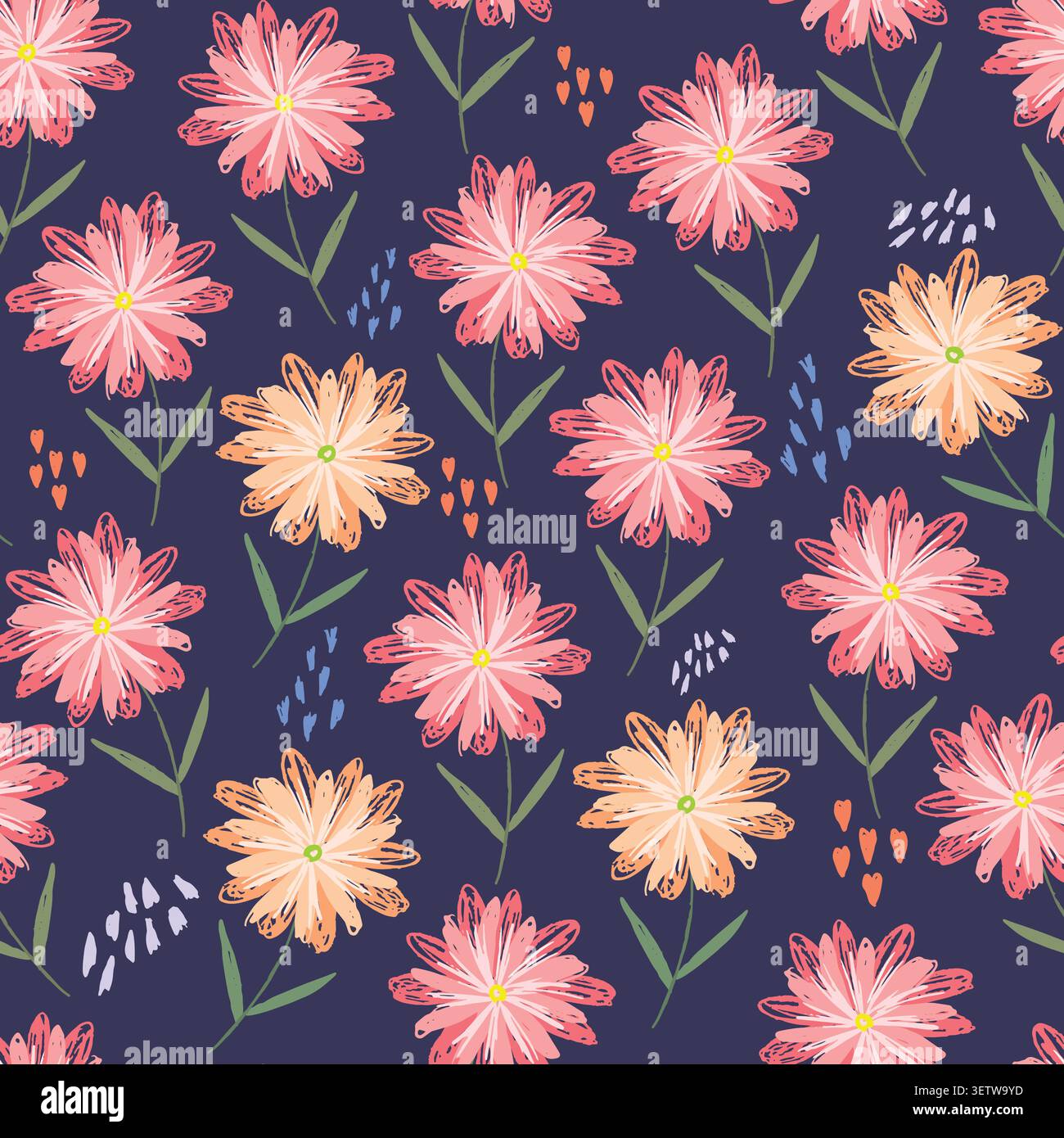 Childish pattern with orange and pink flowers Stock Vector