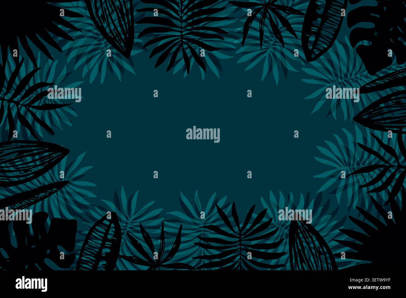 Dark aquamarine frame of tropical leaves Stock Vector