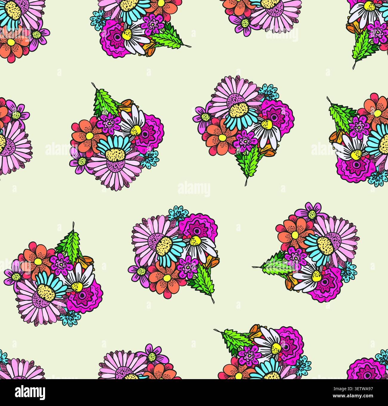 Cute doodle pattern with sketchy flowers bouquets Stock Vector