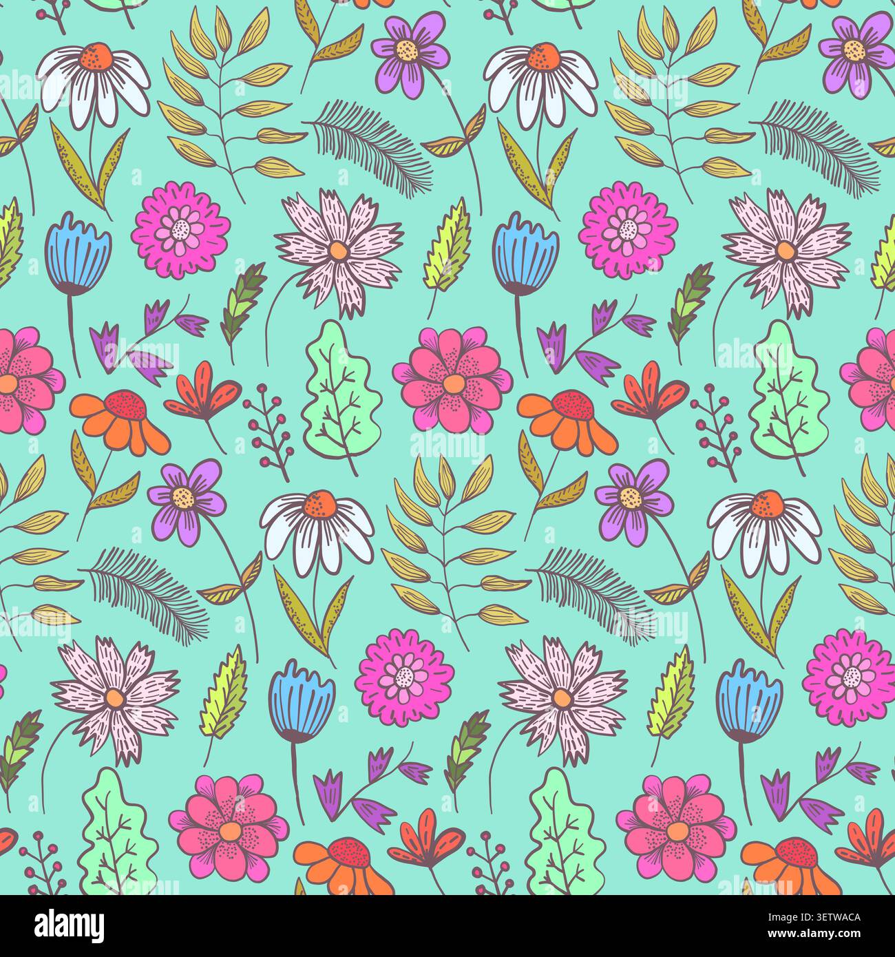 Bright teal floral pattern with color flowers Stock Vector