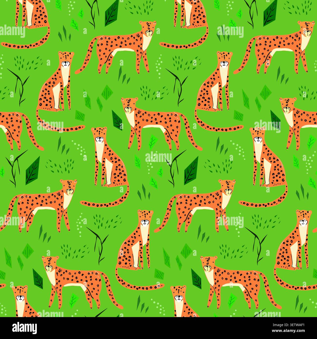 Childish cartoon pattern with hand drawn jaguars Stock Vector