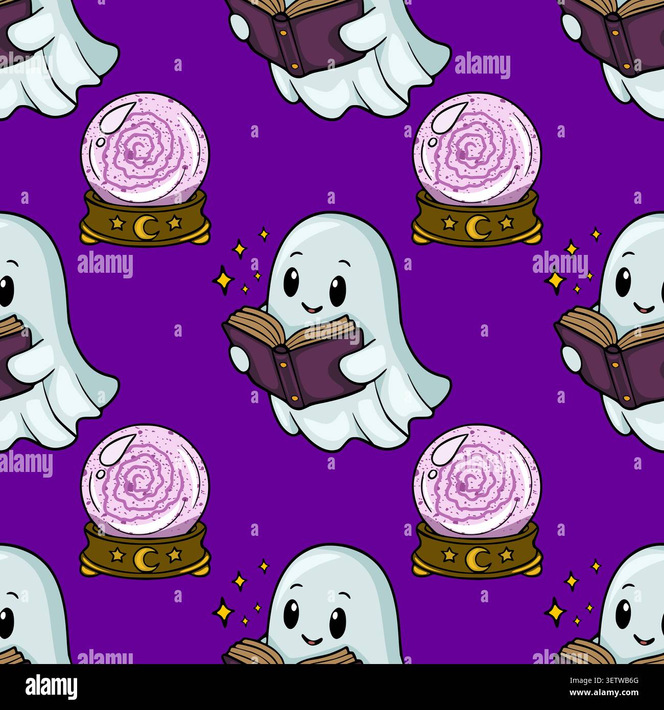 Adorable ghost reading a magic book with a crystal ball, seamless vector pattern Stock Vector