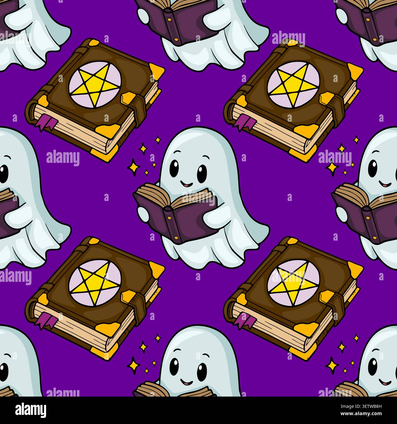Cute ghost reading magical spellbook vector pattern for Halloween Stock Vector