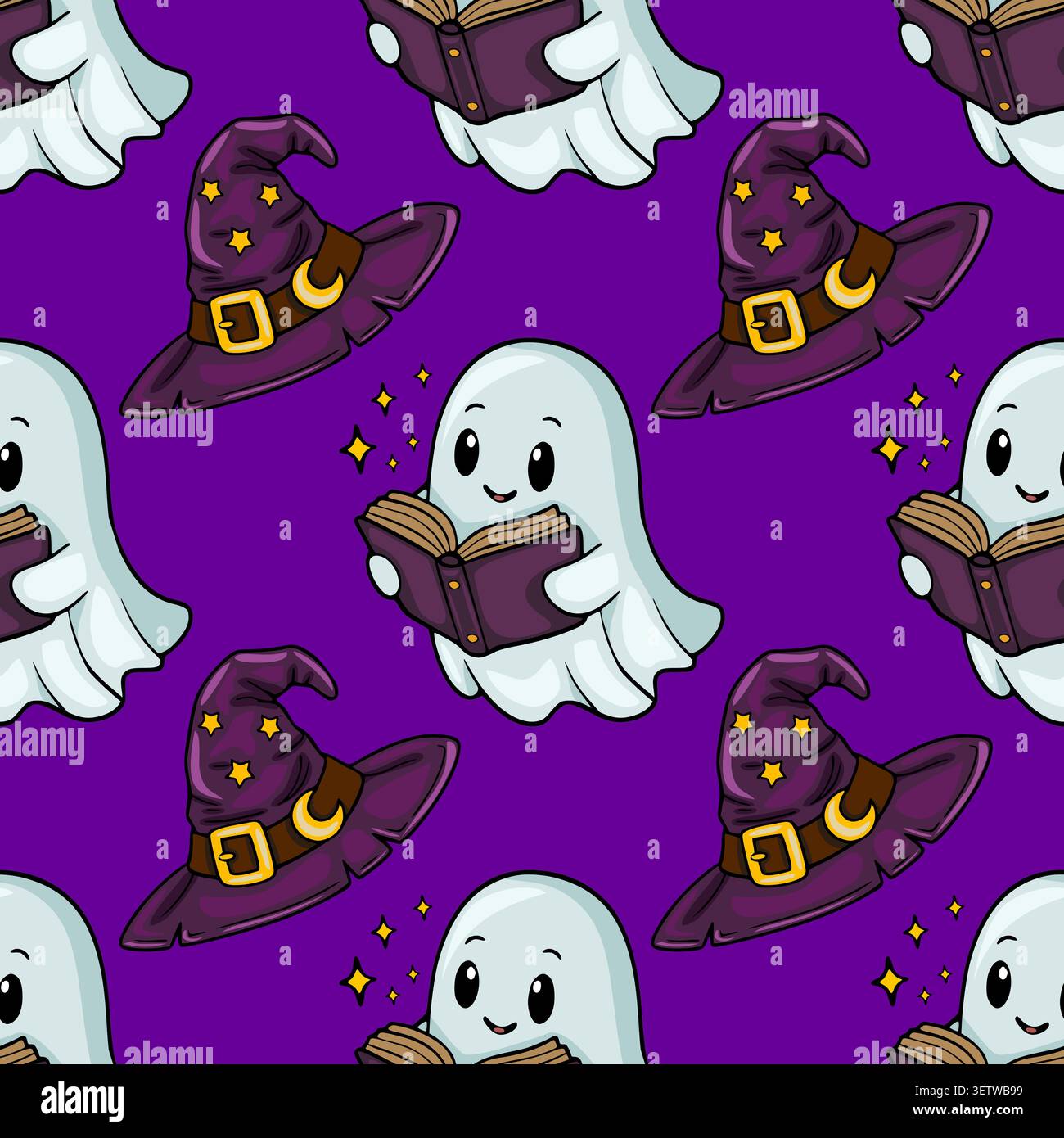 Cute ghost reading a book and witch hat seamless pattern vector illustration Stock Vector