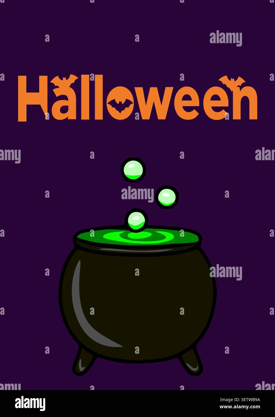 Spooky Halloween vector poster with a bubbling cauldron and bats Stock Vector