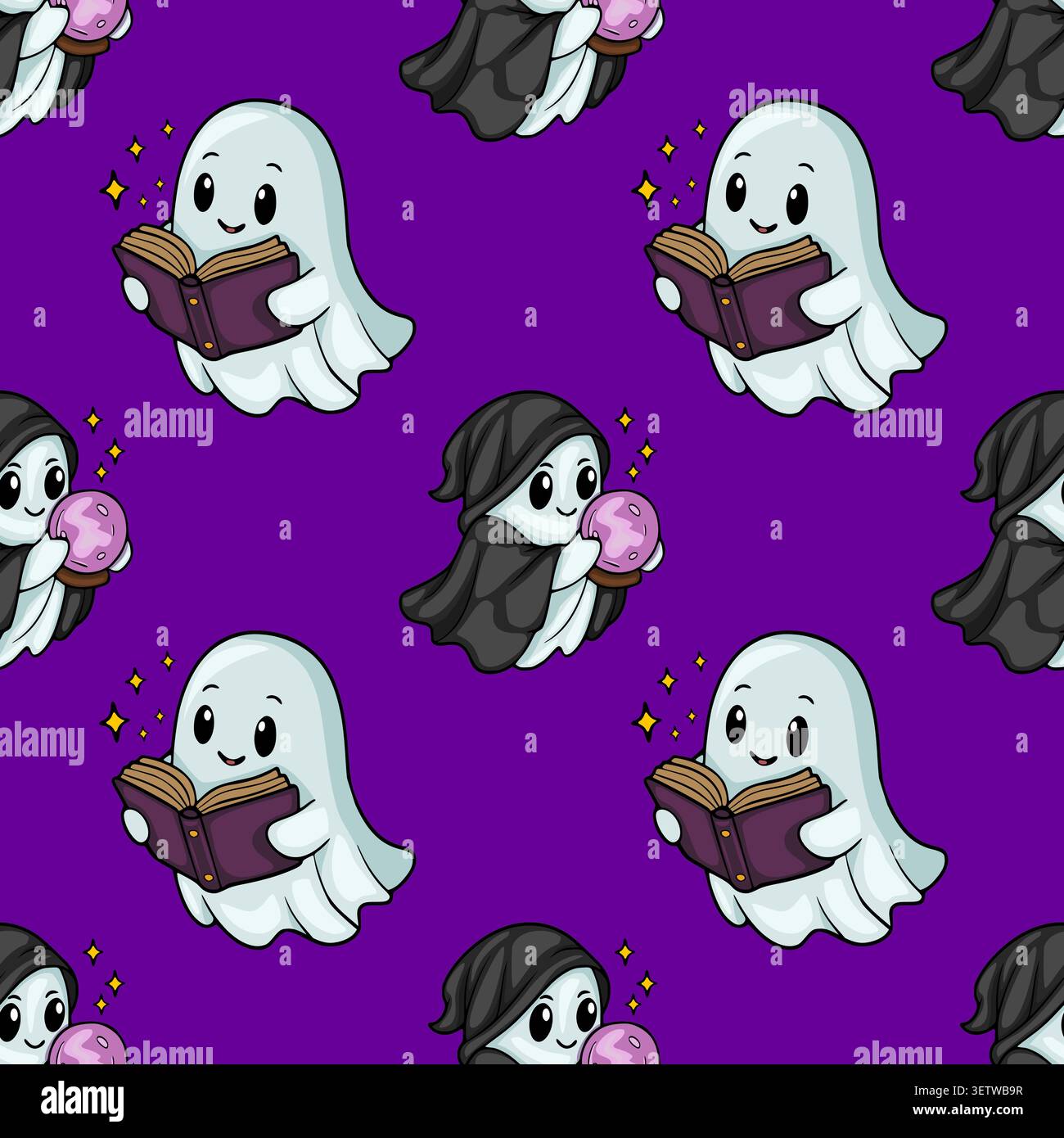 Cute Halloween ghost vector pattern with magical book and crystal ball Stock Vector