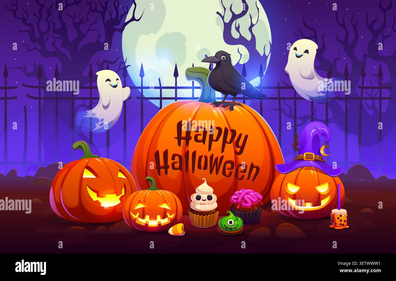 Halloween banner, funny ghosts, lantern pumpkins Stock Vector