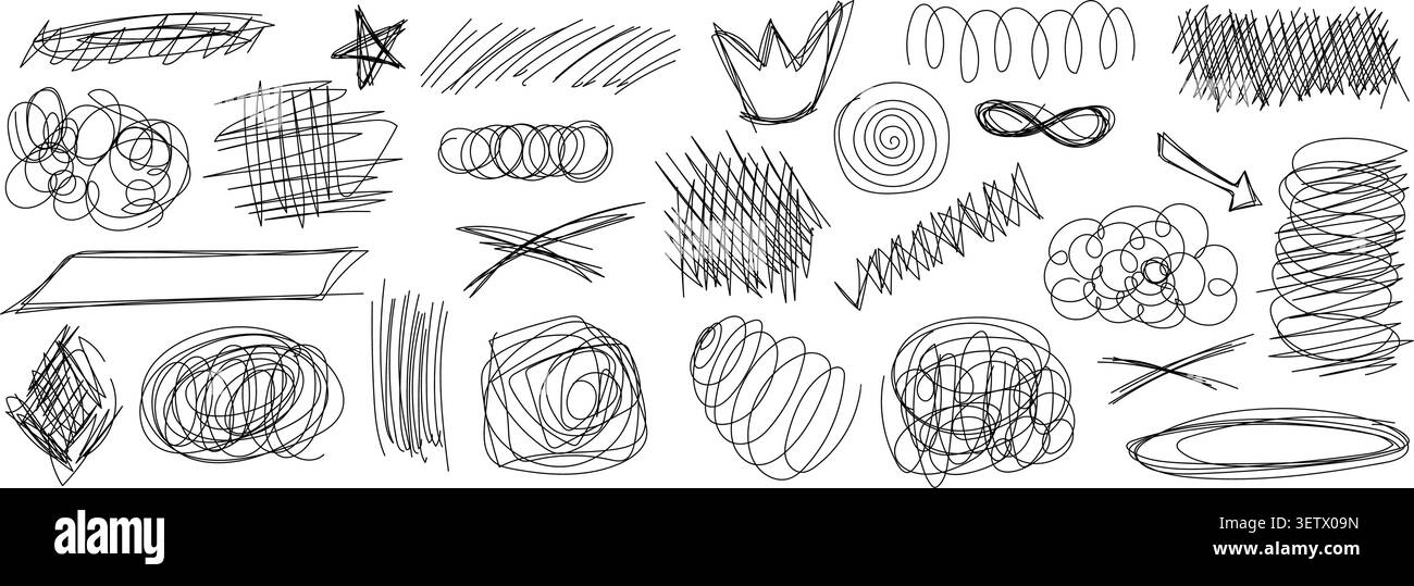 Messy pen doodles and scribbles create chaotic hand-drawn lines vector illustration set. Stock Vector