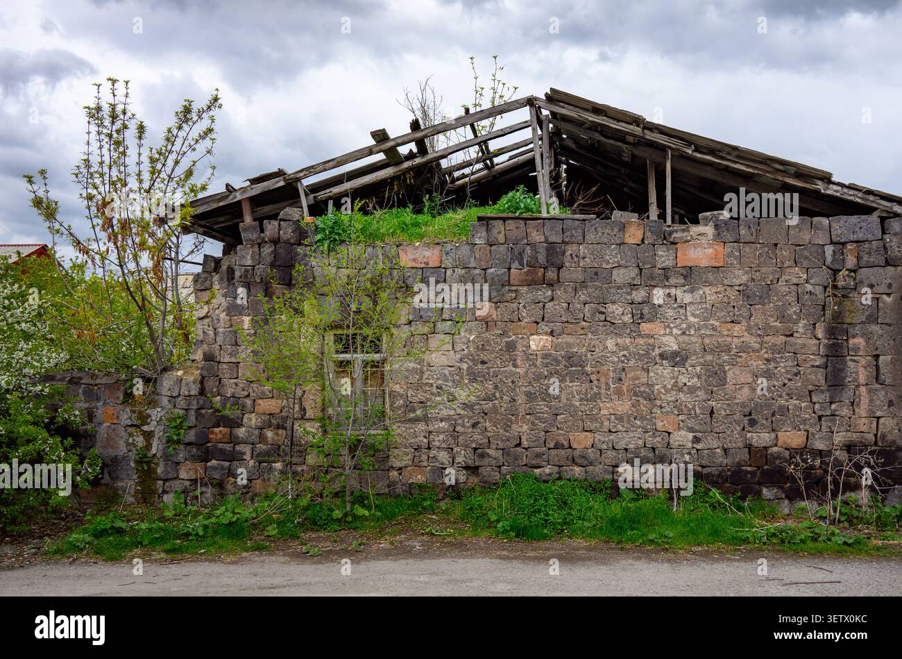Old stone ruin with broken roof. Vegetation grows through cracks. Cloudy sky above. Small tree beside wall. Grass covers base Stock Photo