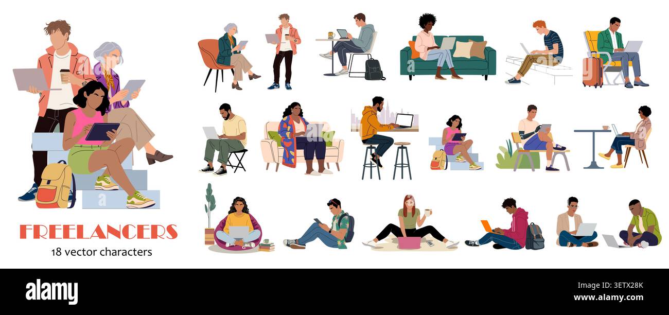 People relax, work, or collaborate using laptops Stock Vector