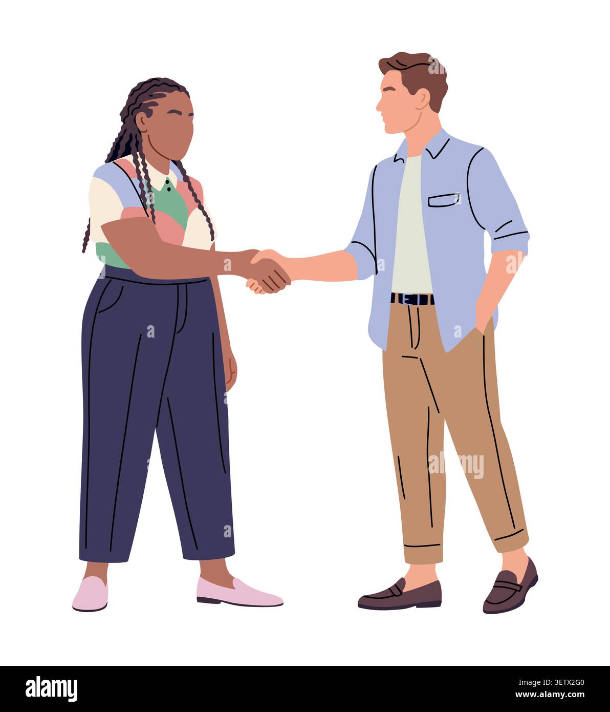 Two people shake hands warmly, showing respect Stock Vector