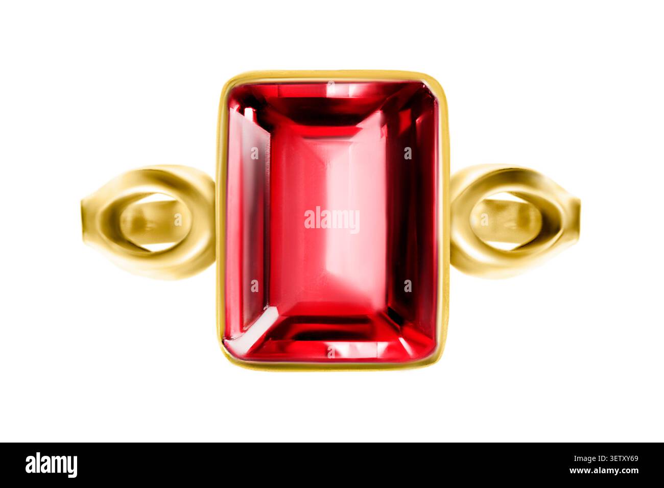 Golden ring with large ruby gemstone isolated on white background Stock Photo