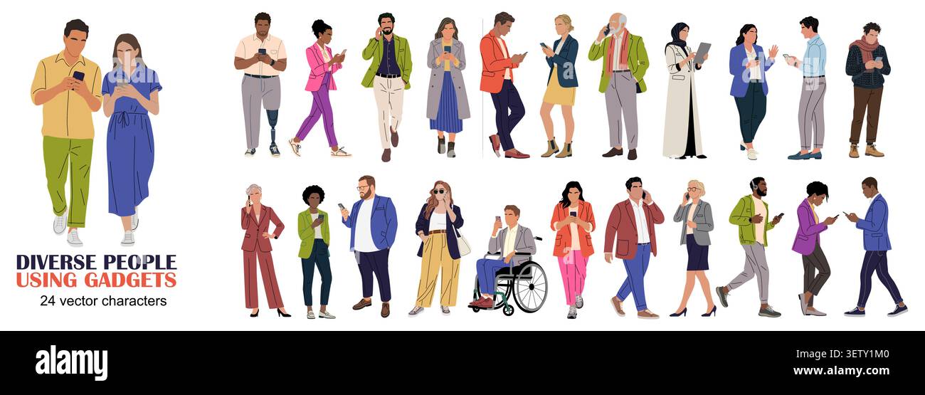 Colorful diverse people crowd uses various gadgets Stock Vector
