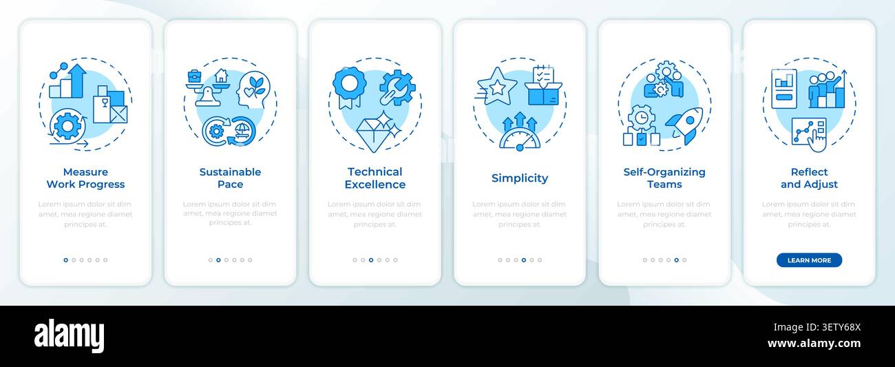 Foundational agile project principles blue onboarding mobile app screen Stock Vector
