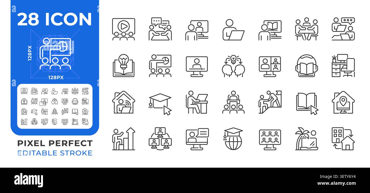 Online learning pixel perfect line icons set Stock Vector