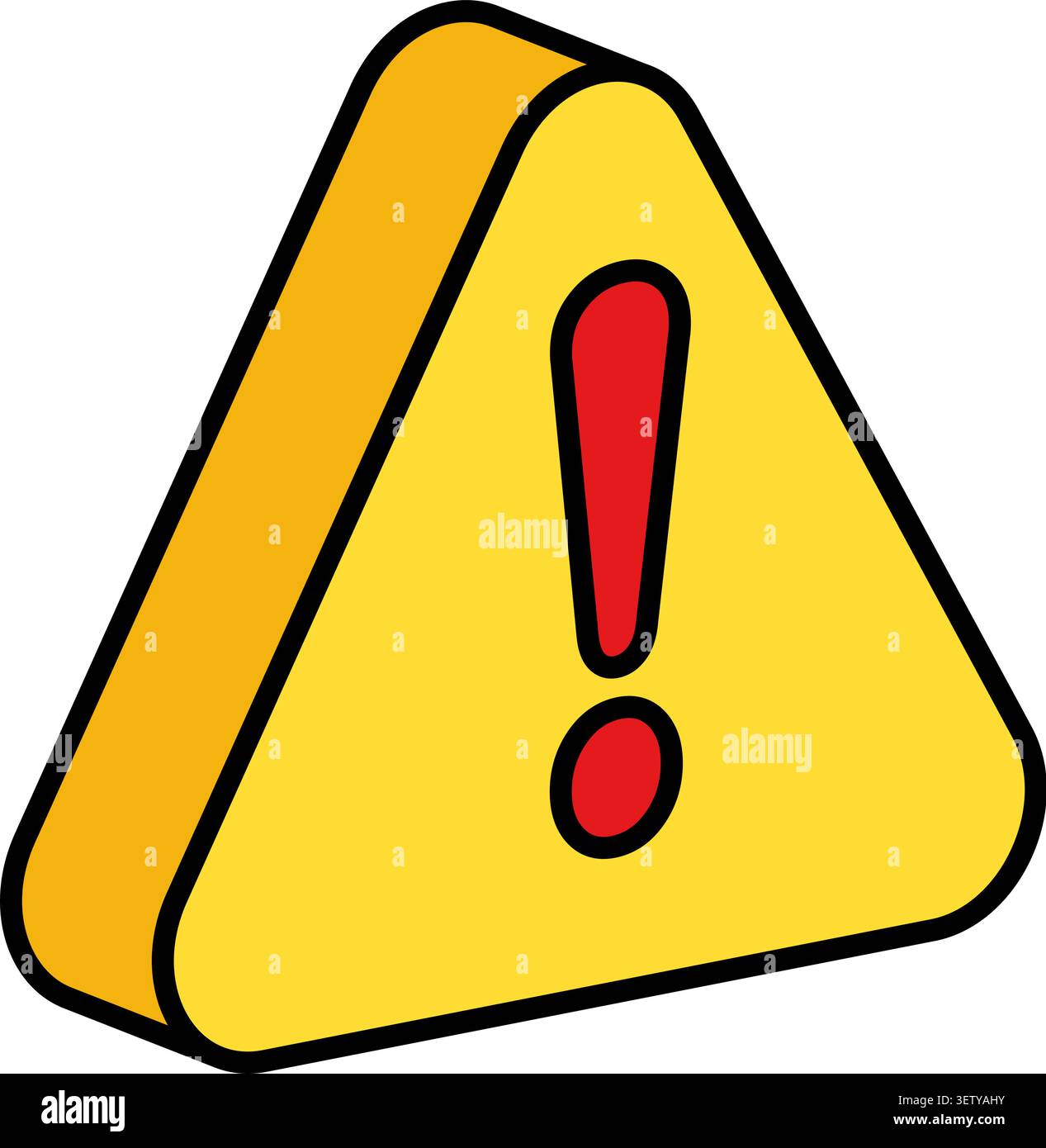 Yellow triangular warning sign three dimensional cartoon red exclamation symbol Stock Vector