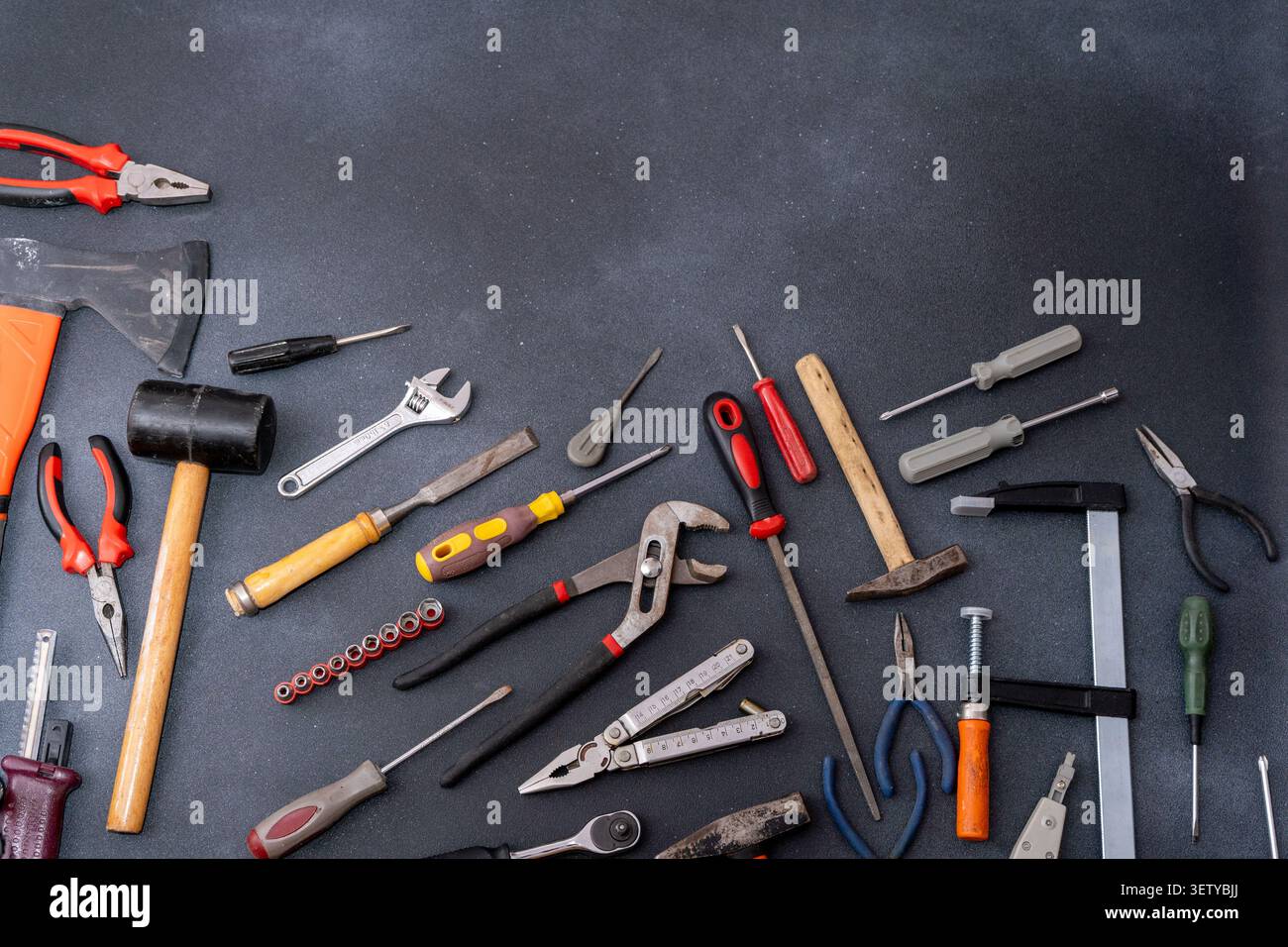 Hand work Tools set top view Background. Stock Photo