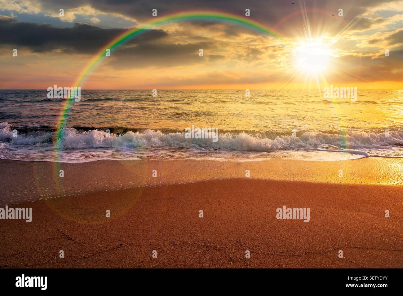 sunset over black sea landscape in summer. bulgaria nature landscape with sandy beach. summer vacation at the sea shore concept. waves and empty beach Stock Photo