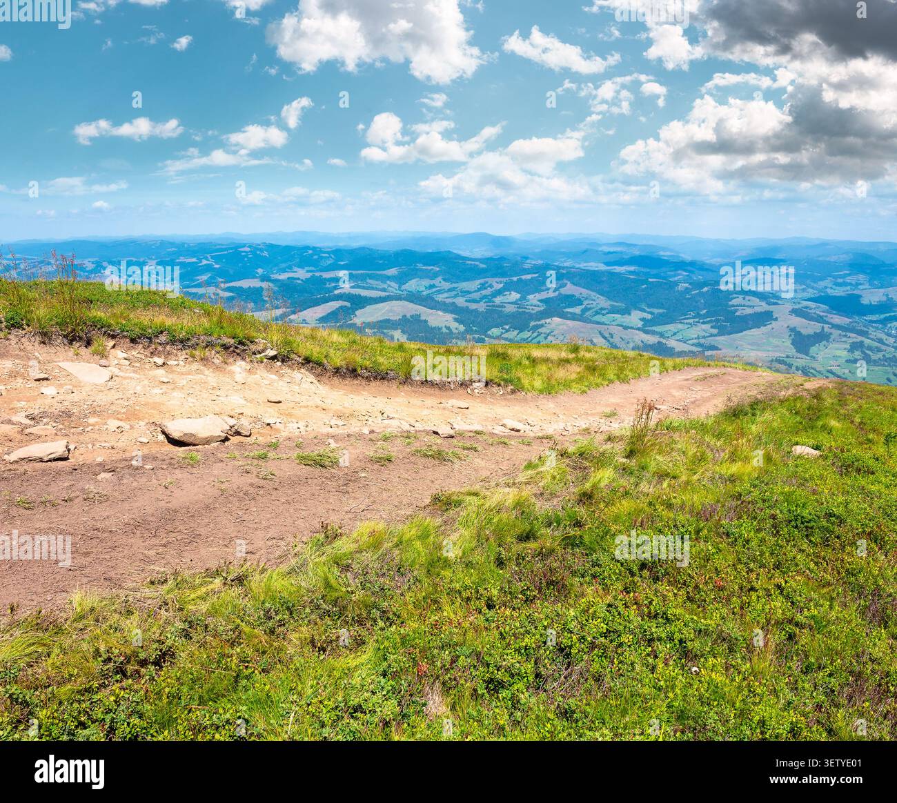 hiking path in carpathian mountains. alpine nature of transcarpathia in summer. ukraine mountain landscape for travel. views of borzhava ridge Stock Photo