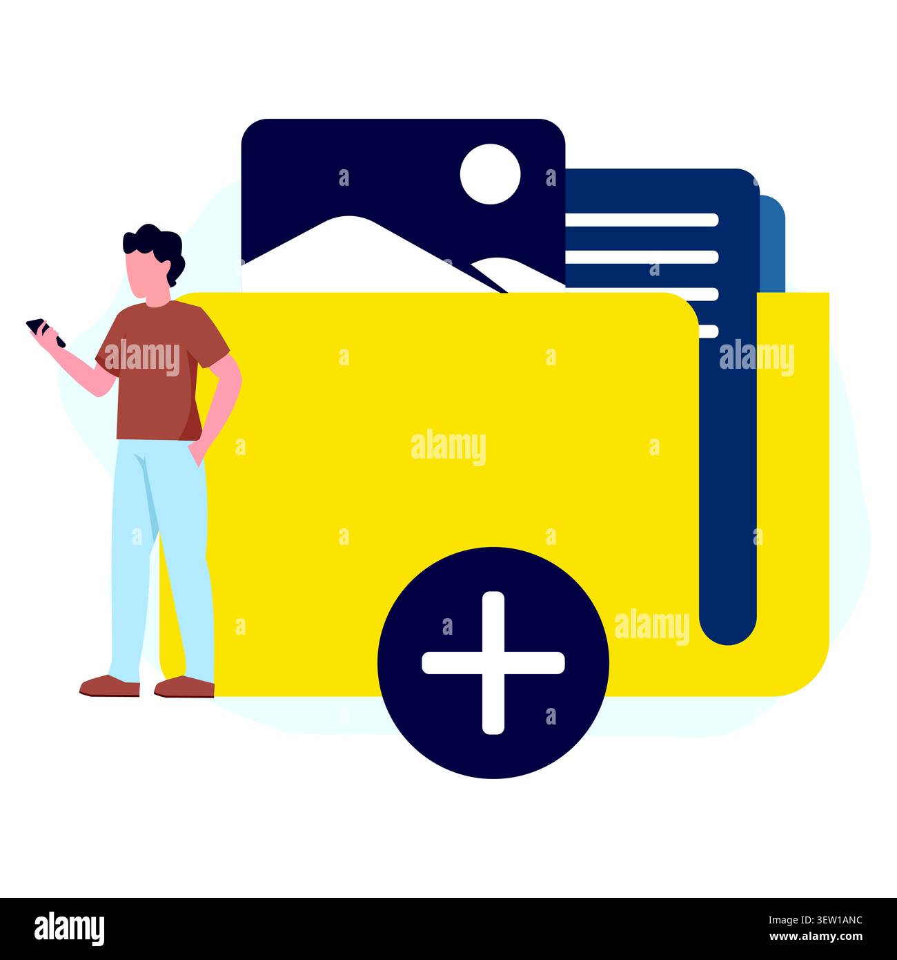 Flat vector illustration of mobile content management with media folders and digital assets, representing organization, storage, and online sharing. Stock Vector