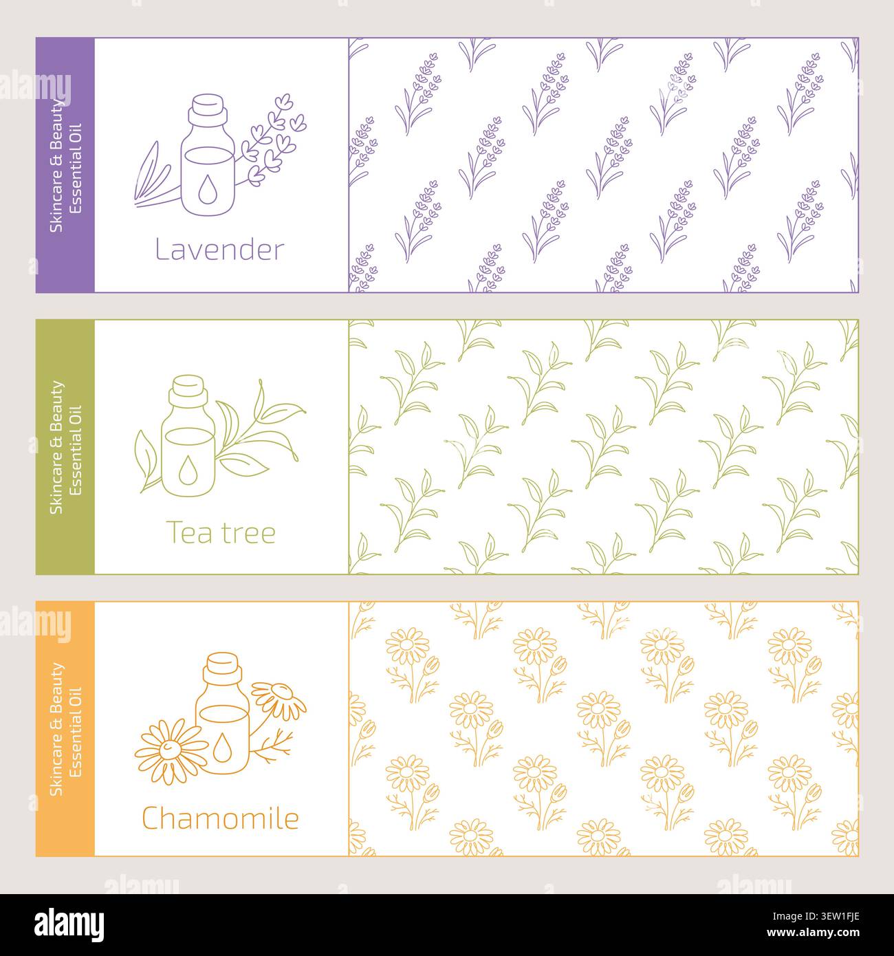 Essential oil labels with floral patterns with lavender, tea tree, chamomile Stock Vector