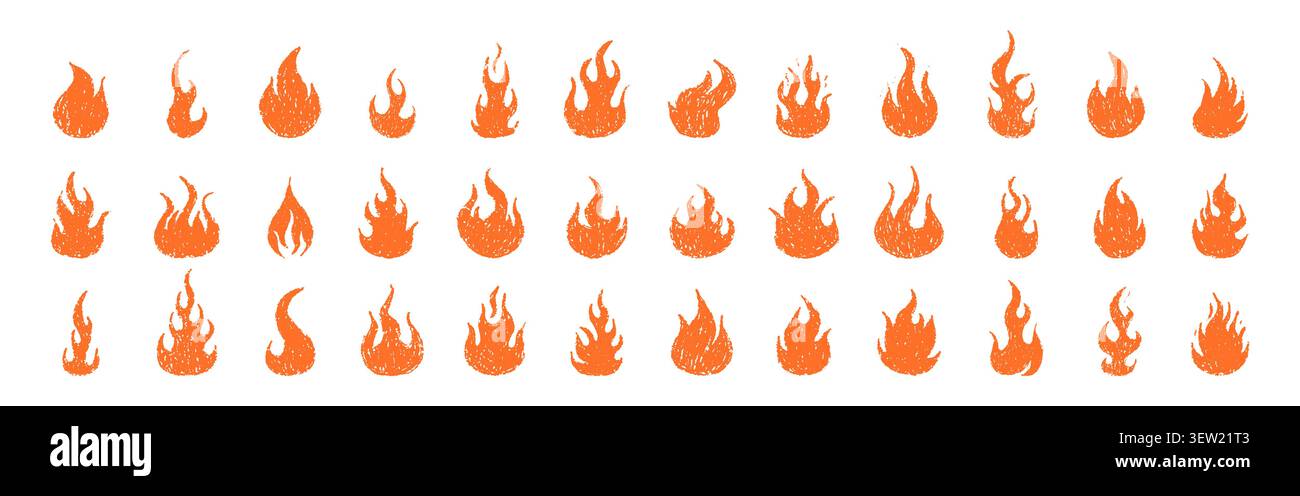 Crayon burning fire. Hand drawn orange flame set. Different vector icons Stock Vector