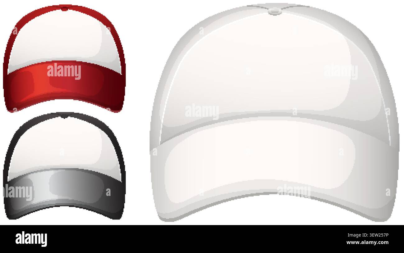 Three blank baseball caps in red, black, and white, clean vector style, front view Stock Vector