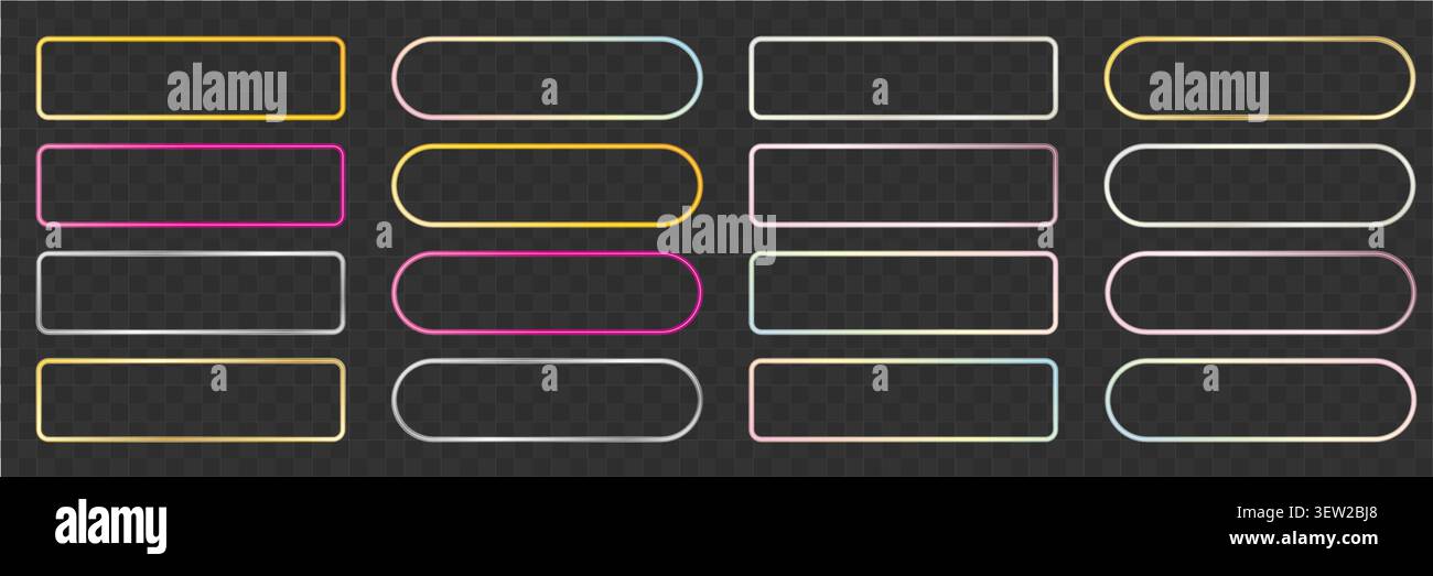 Modern neon rectangle and pill shape button with glow. Futuristic UI frame for websites, apps, games, casino banners and digital call to action Stock Vector