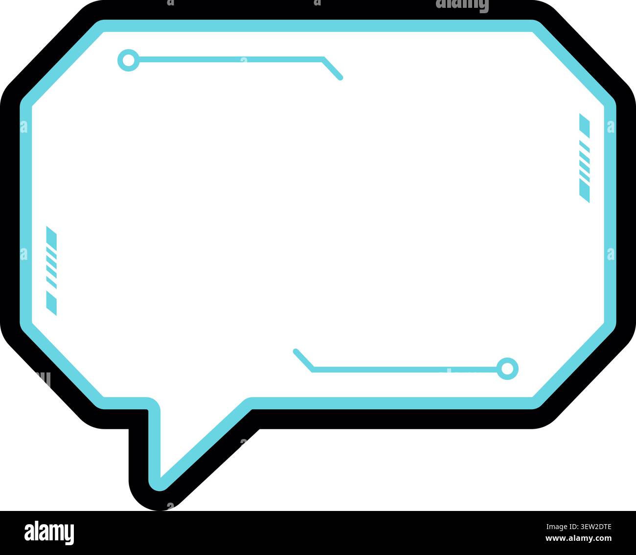 Flat illustration of a rectangular speech bubble panel with angular corners blue technical details and a pointed tail Stock Vector