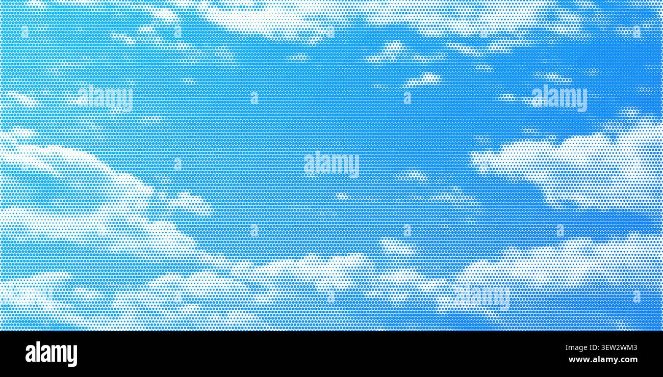 Halftone cloud sky on blue backdrop with pixelated texture vector illustration background. Stock Vector