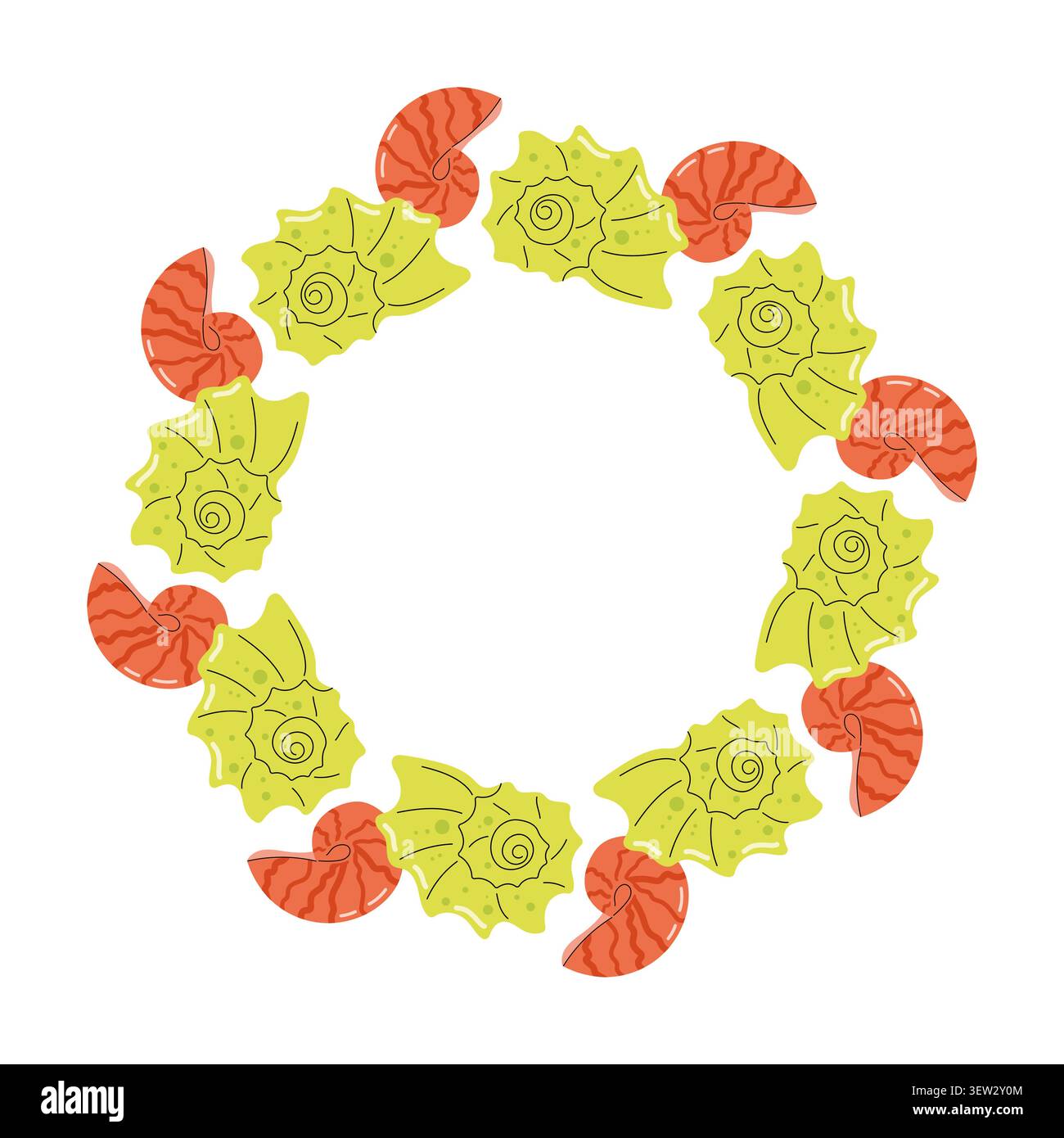 Round frame wreath with green spiky seashells and orange nautilus shells on white background flat Stock Vector