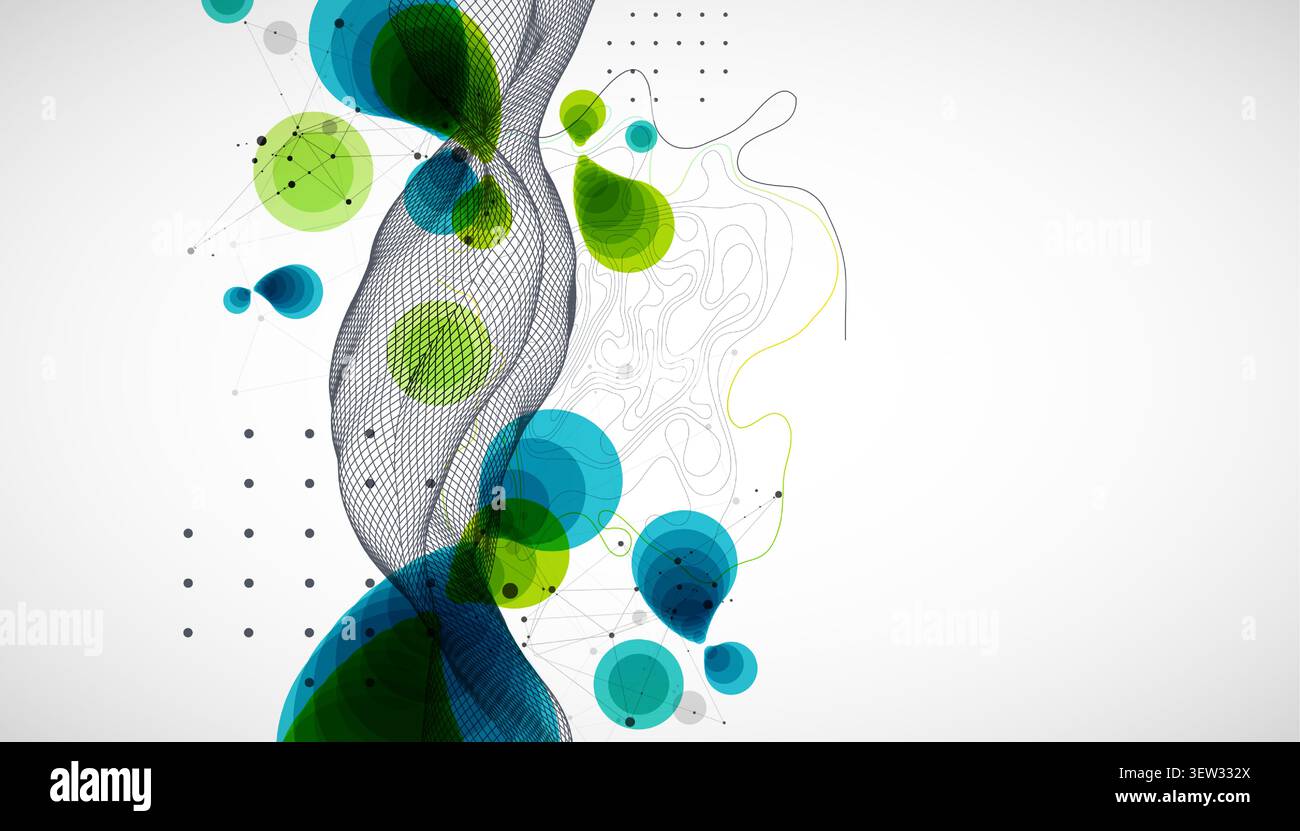 Abstract geometric background with green and blue circles and wireframe wave. Vector Stock Vector