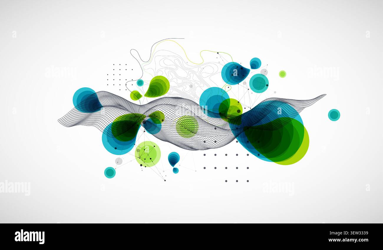 Abstract geometric background with green and blue circles and wireframe wave. Vector Stock Vector