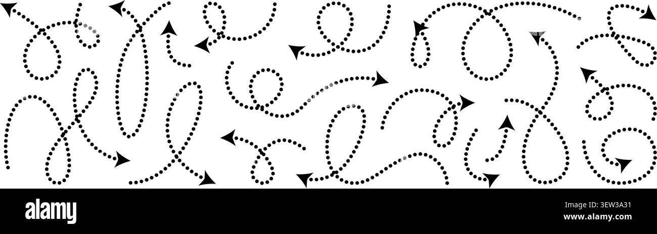 Squiggly dotted arrow, vector dashed curved line arow set. Rise and fall change plan, doodle shaped pointer map element. 3d dynamic curly direction Stock Vector