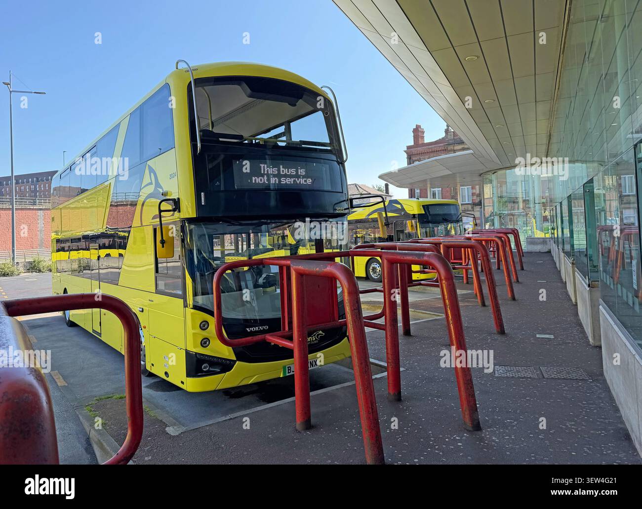 Yellow Warrington’s Own Buses, Volvo BZL electric double-decker marked not in service at Warrington Interchange town centre bus station Stock Photo