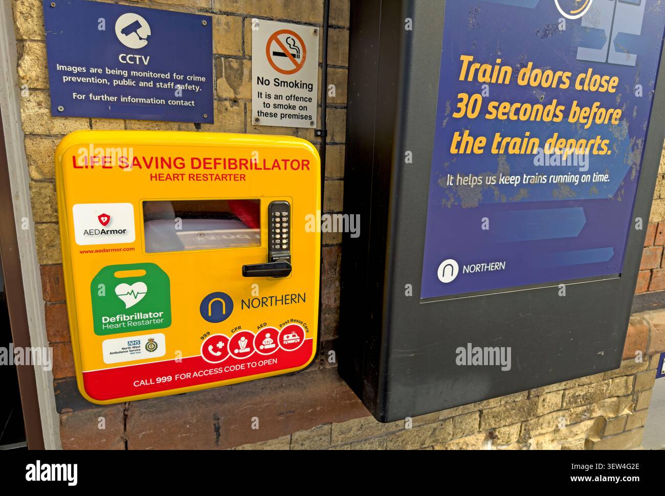 Emergency heart restarter installed for passengers and staff at Warrington Central railway station on Winwick Street in Cheshire Stock Photo