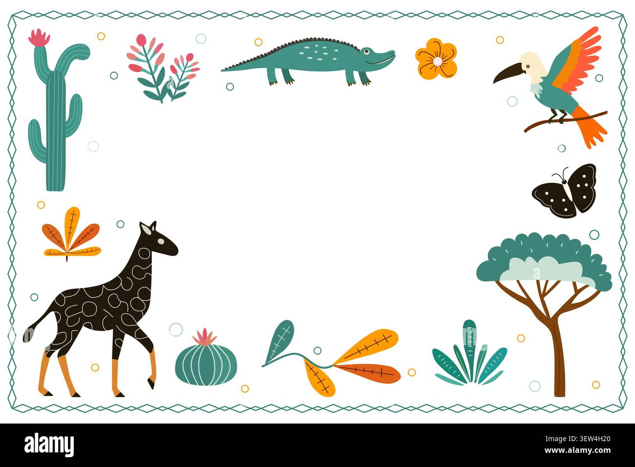 Jungle-themed frame with animals, plants, and empty center space for a customizable background vector Stock Vector
