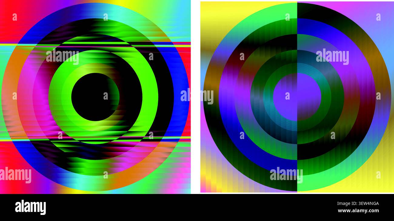 Abstract geometric concentric circles with glitch effect and gradient patterns Stock Vector